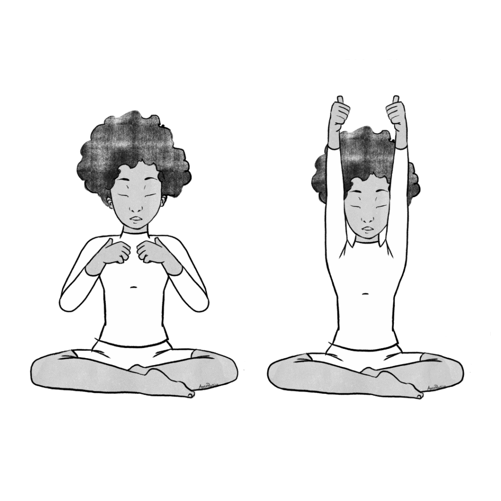 Illustration of Elaine sitting in easy pose with fist in chest, fist up in the air, and eyes closed
