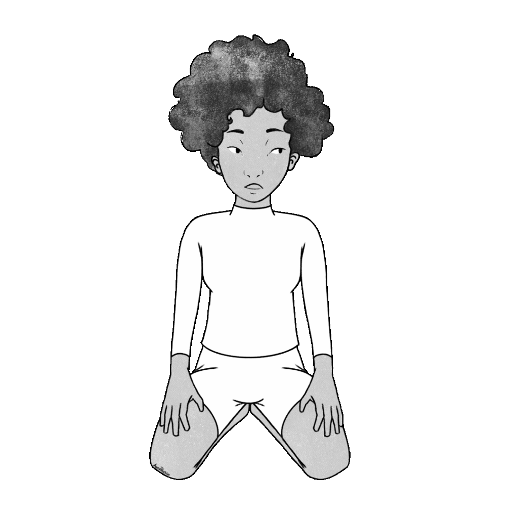 Ilustração de Elaine em pose de rocha com as mãos nos joelhos e os olhos abertos olhando para o lado