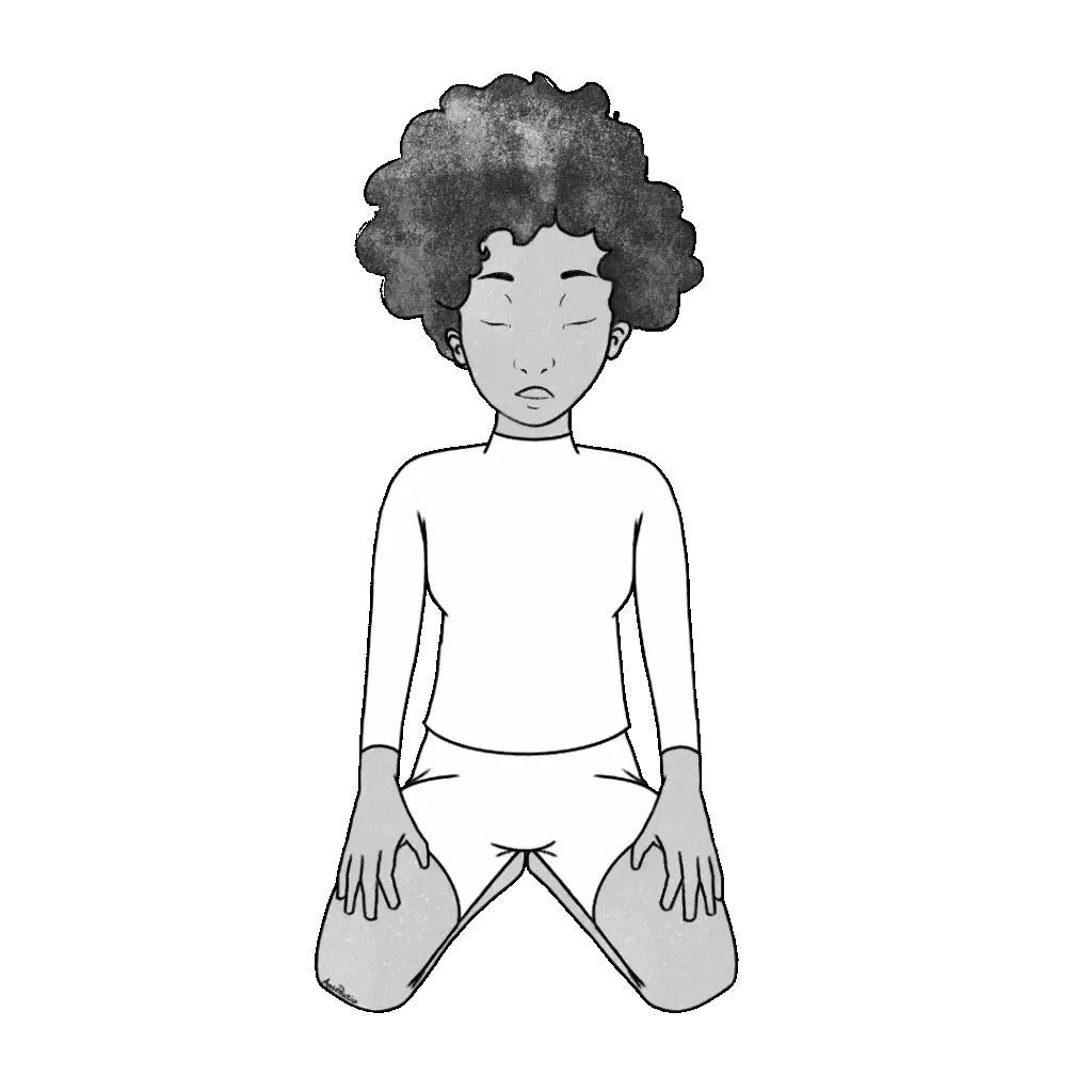 Illustration of Elaine sitting in rock pose with hands on knees, eyes closed