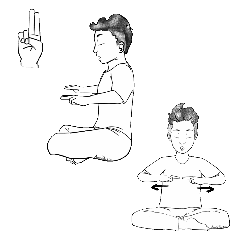 Illustration of George sitting in easy pose in Prana Mudra open arms parallel to ground and at chest with and "O" Mouth