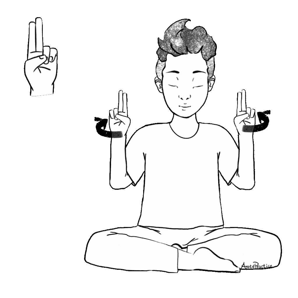 Illustration of George sitting in easy pose with hands in Prana Mudra making circles with hands by shoulders
