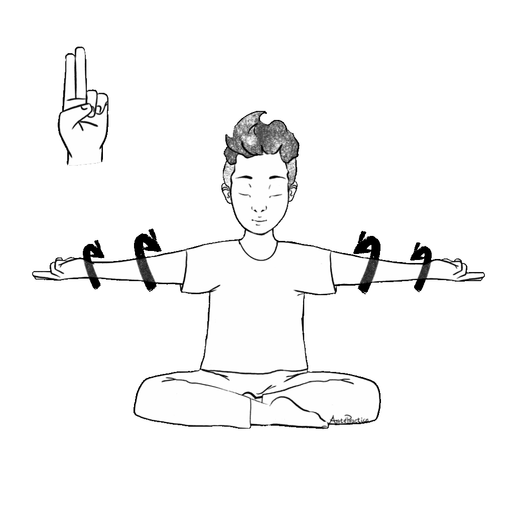 Illustration of George sitting in easy pose in Prana Mudra arms parallel to ground by his sides