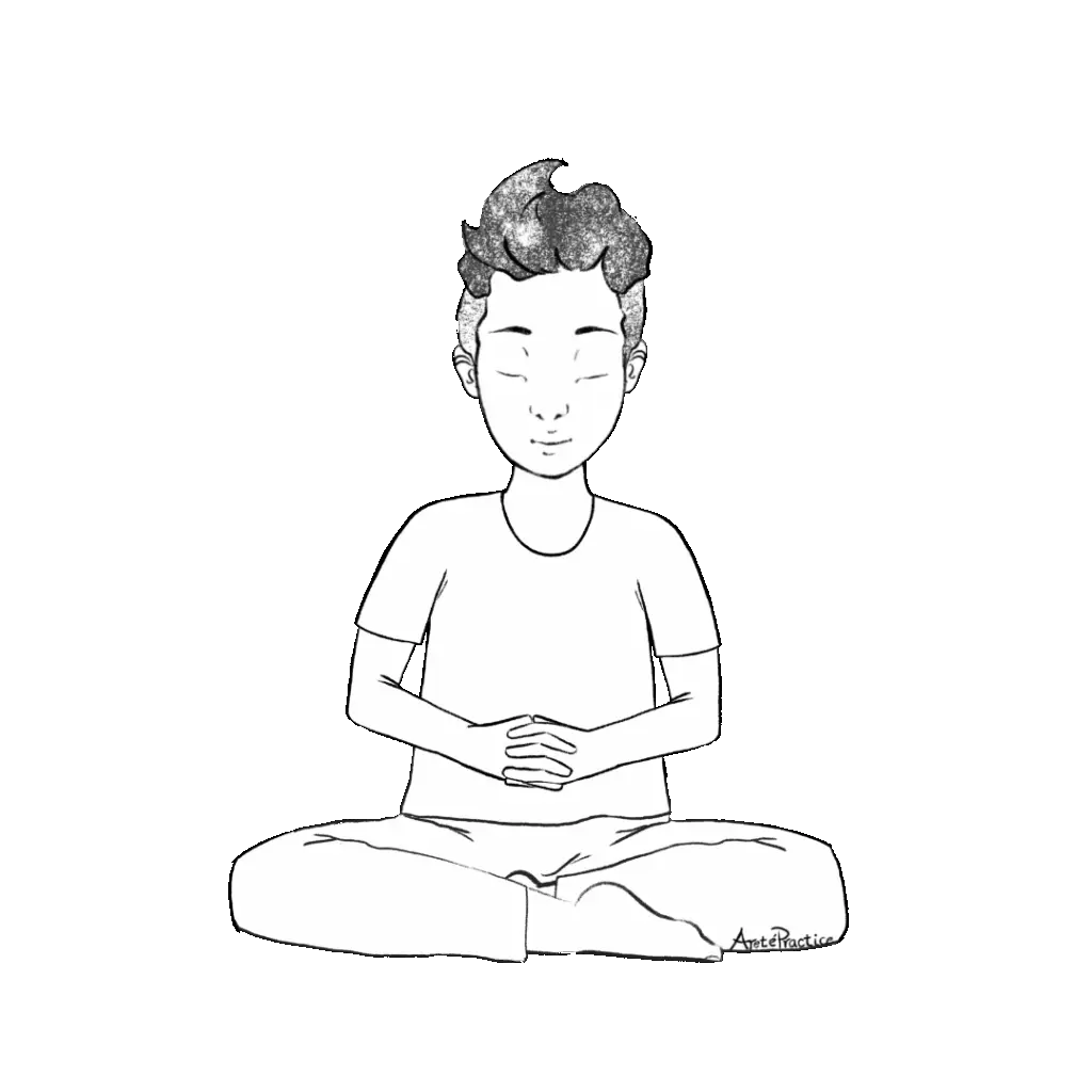 Illustration of George sitting in easy pose with Hands interlaced at the diaphragm