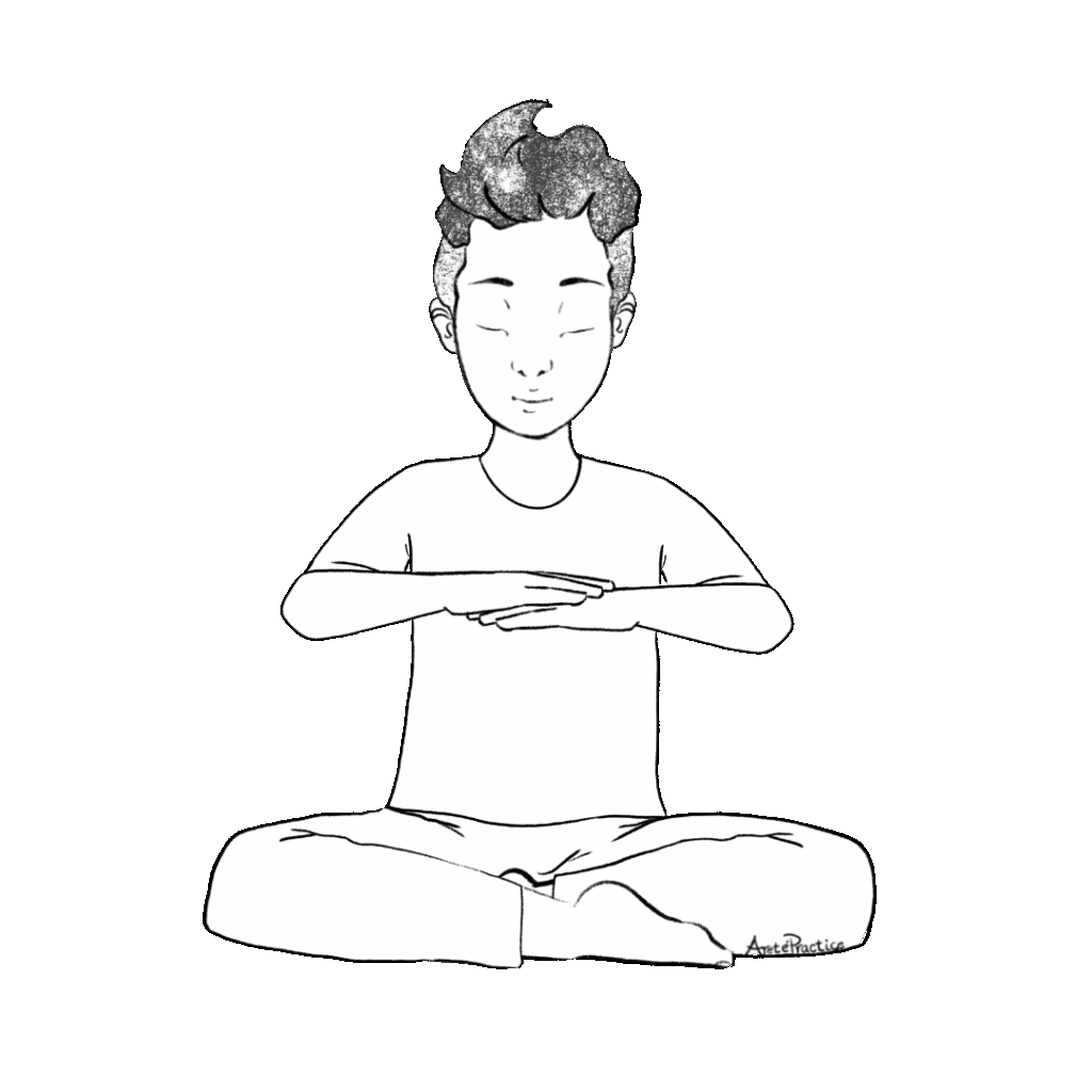 Ilustração de George sentado em pose fácil, com a coluna reta. Colocando a palma da mão direita voltada para baixo sobre o dorso da mão esquerda. 