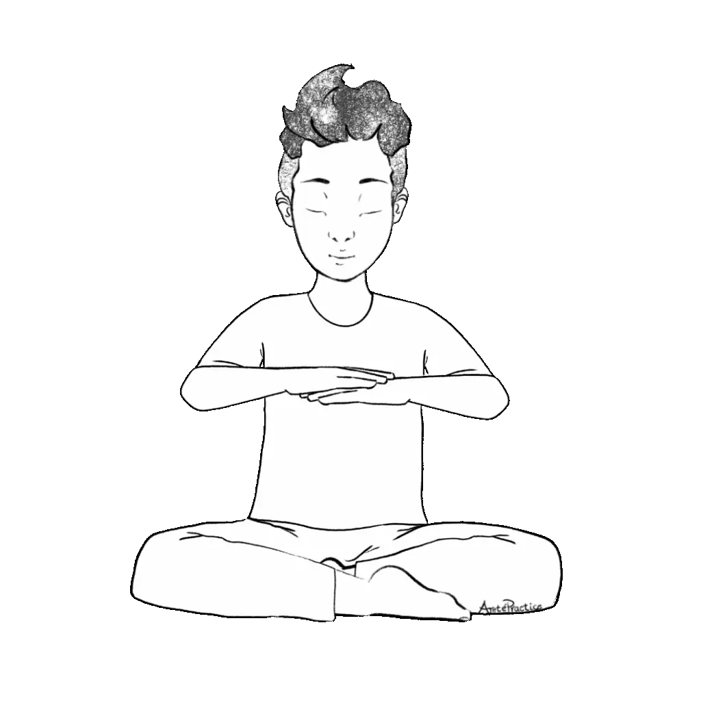 Illustration of George sitting in easy pose with a straight spine. Placing the right palm face down on the back of the left hand.