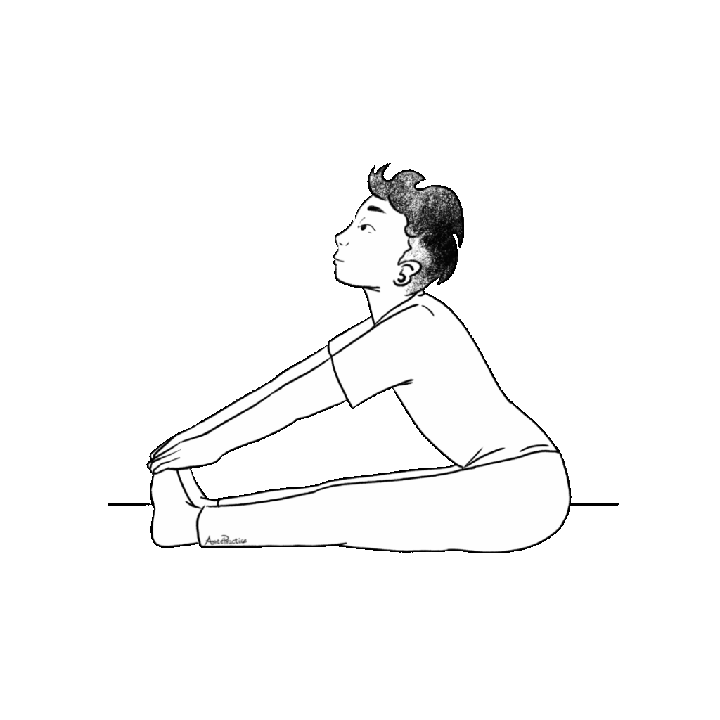 Illustration of George sitting in easy pose with legs extended holding on to them, head up, eyes open