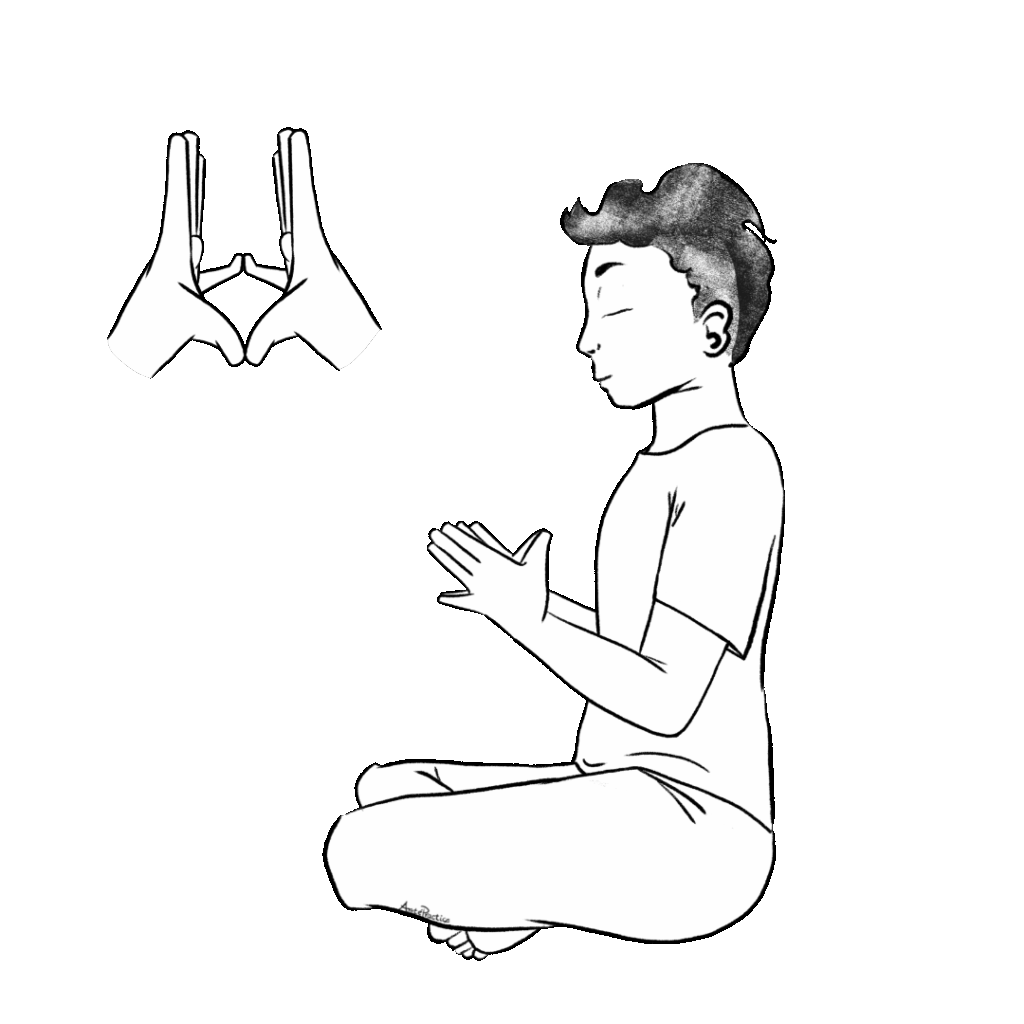 Illustration of George sitting in easy pose with pink and thumb touching at heart level and eyes closed.