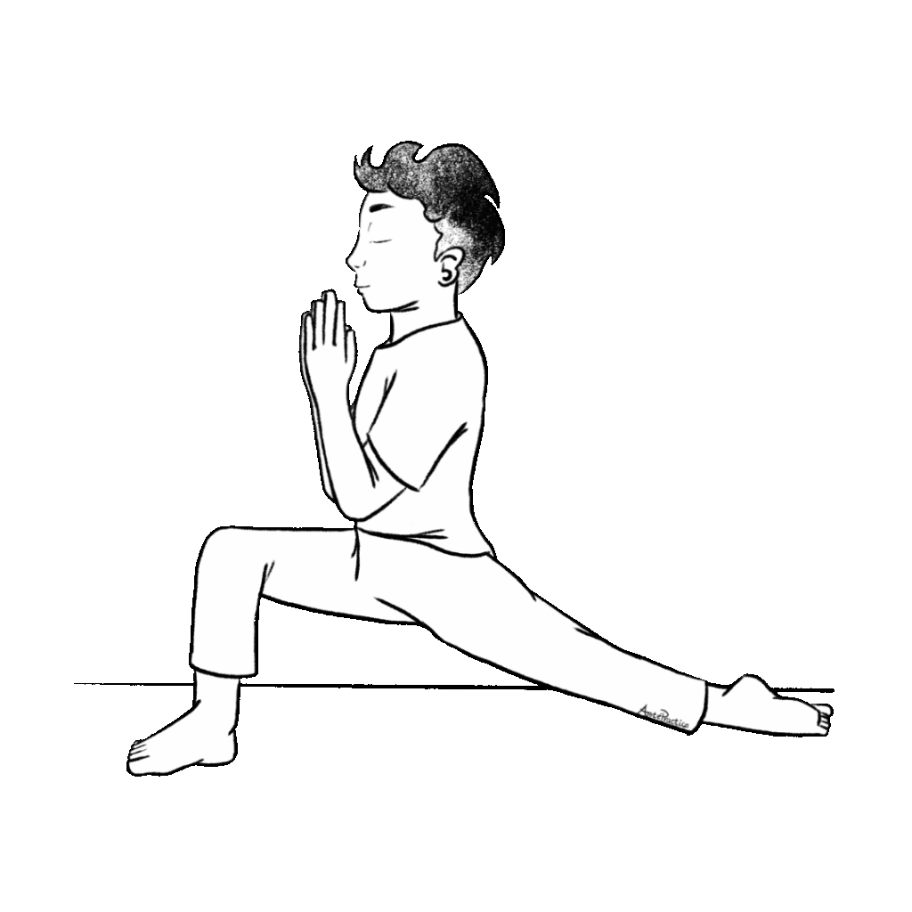 Ilustração de George em pé com uma perna esticada, a outra dobrada na frente, mãos em pose de oração