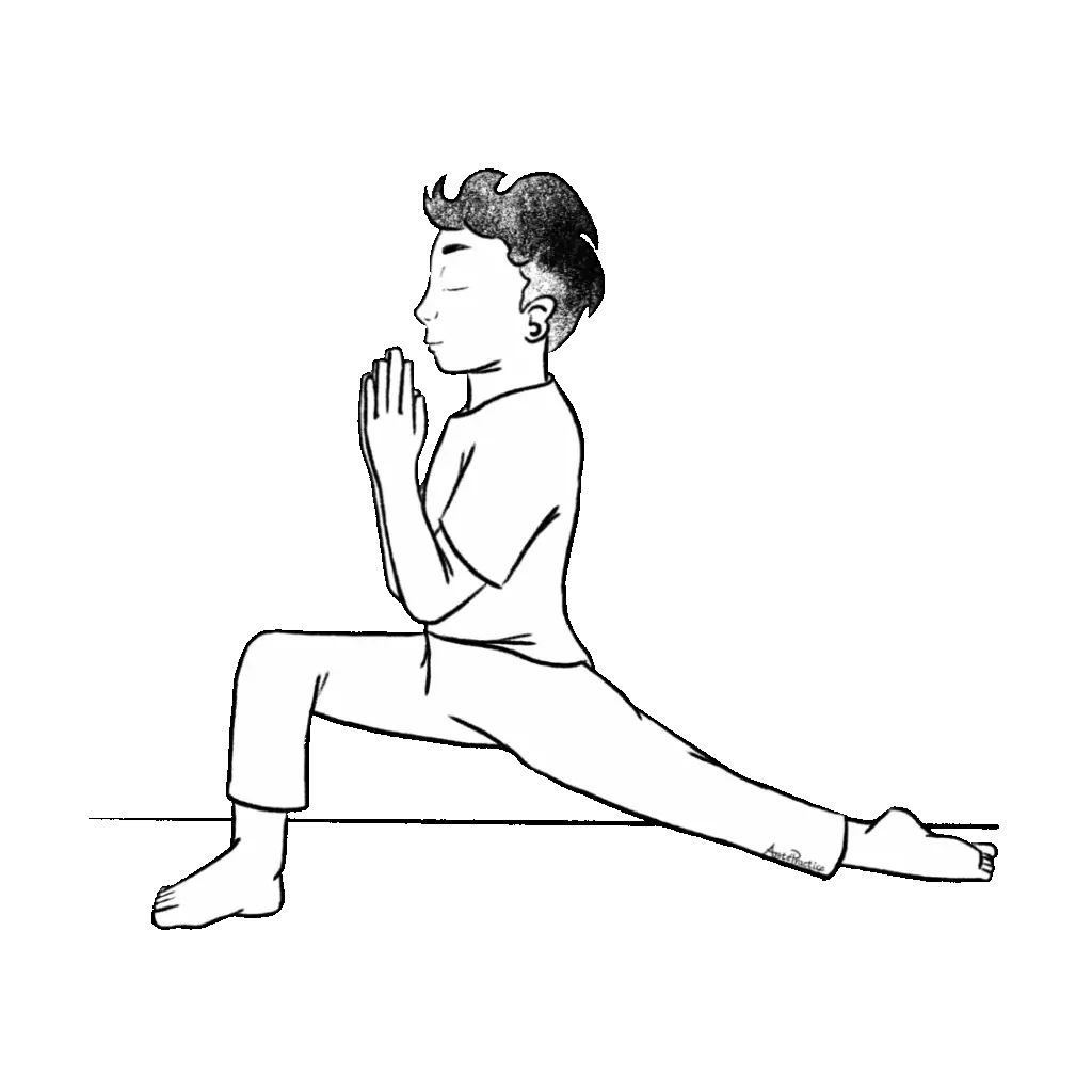 Illustration of George standing with one leg stretched out, other in front bent, hands in prayer pose