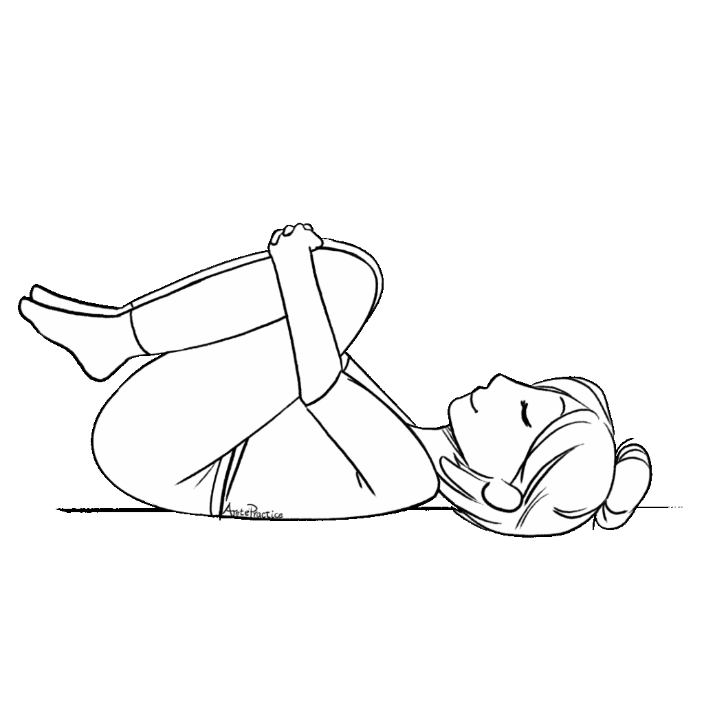 Illustration of Helen Laying down with knees towards chest and head on the floor