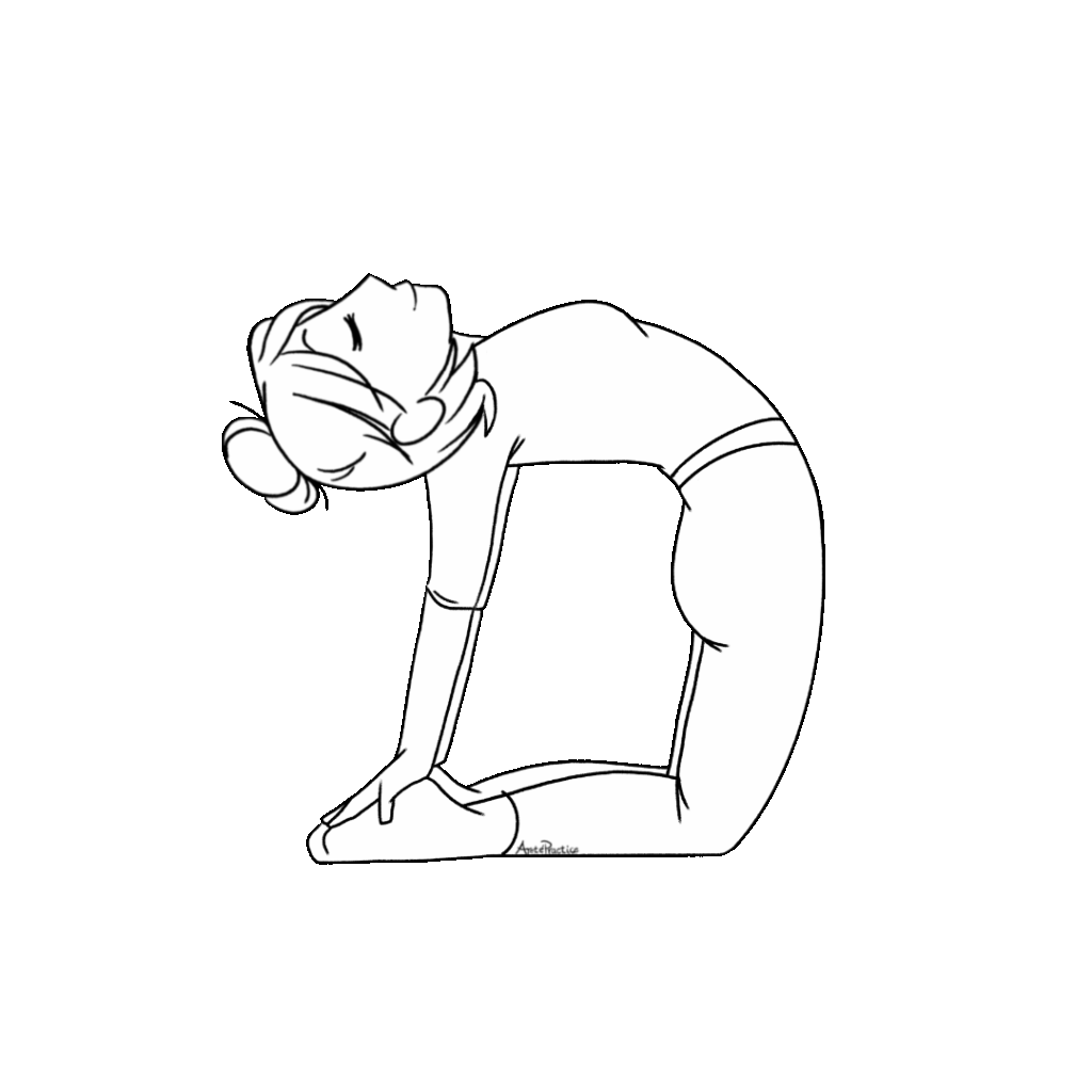 Ilustración de Helen haciendo la postura del camello