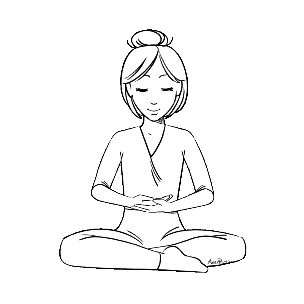 Ilustração de Helen sentada em pose fácil com as mãos voltadas para cima na altura do diafragma