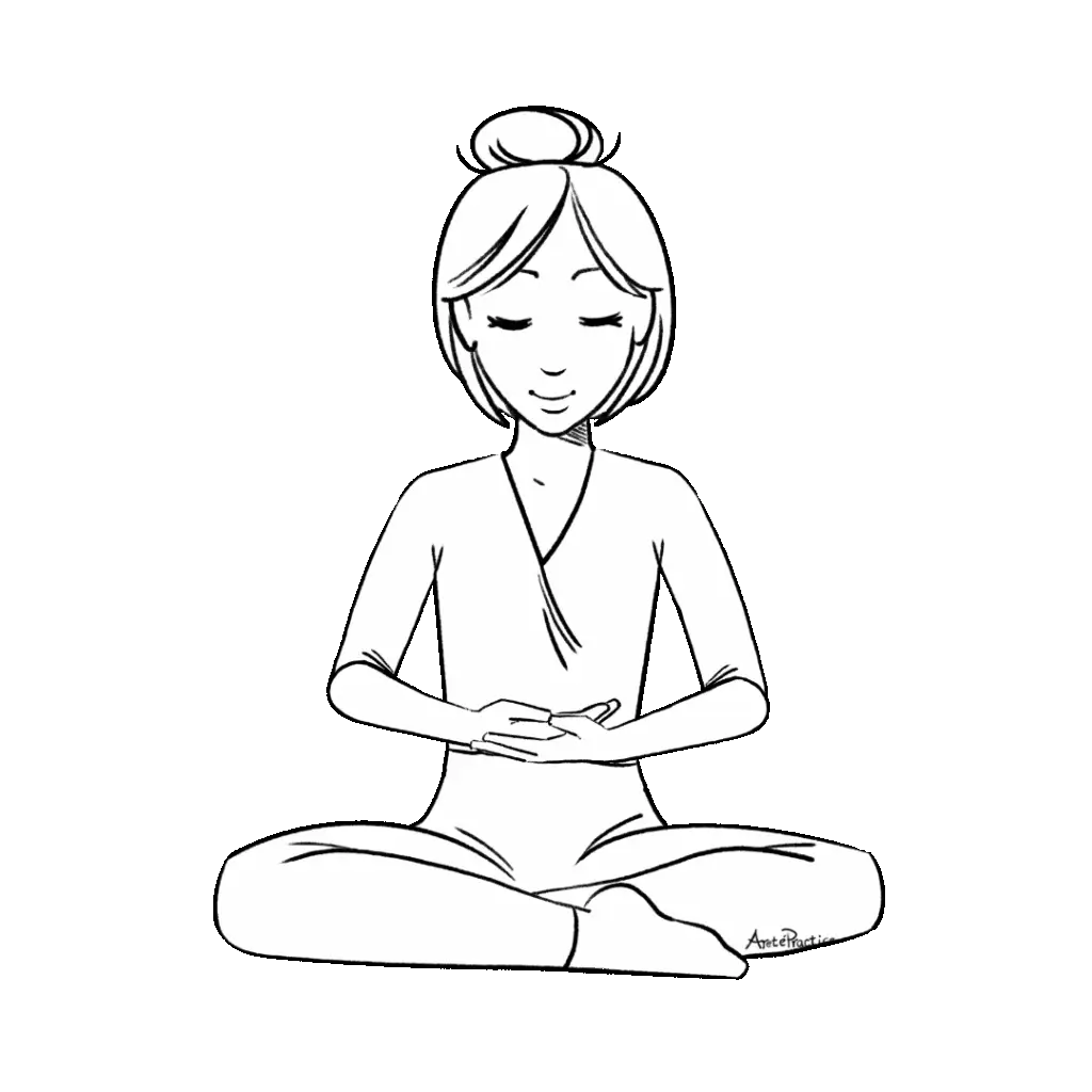 Illustration of Helen sitting in easy pose with Hands facing up at diaphragm level