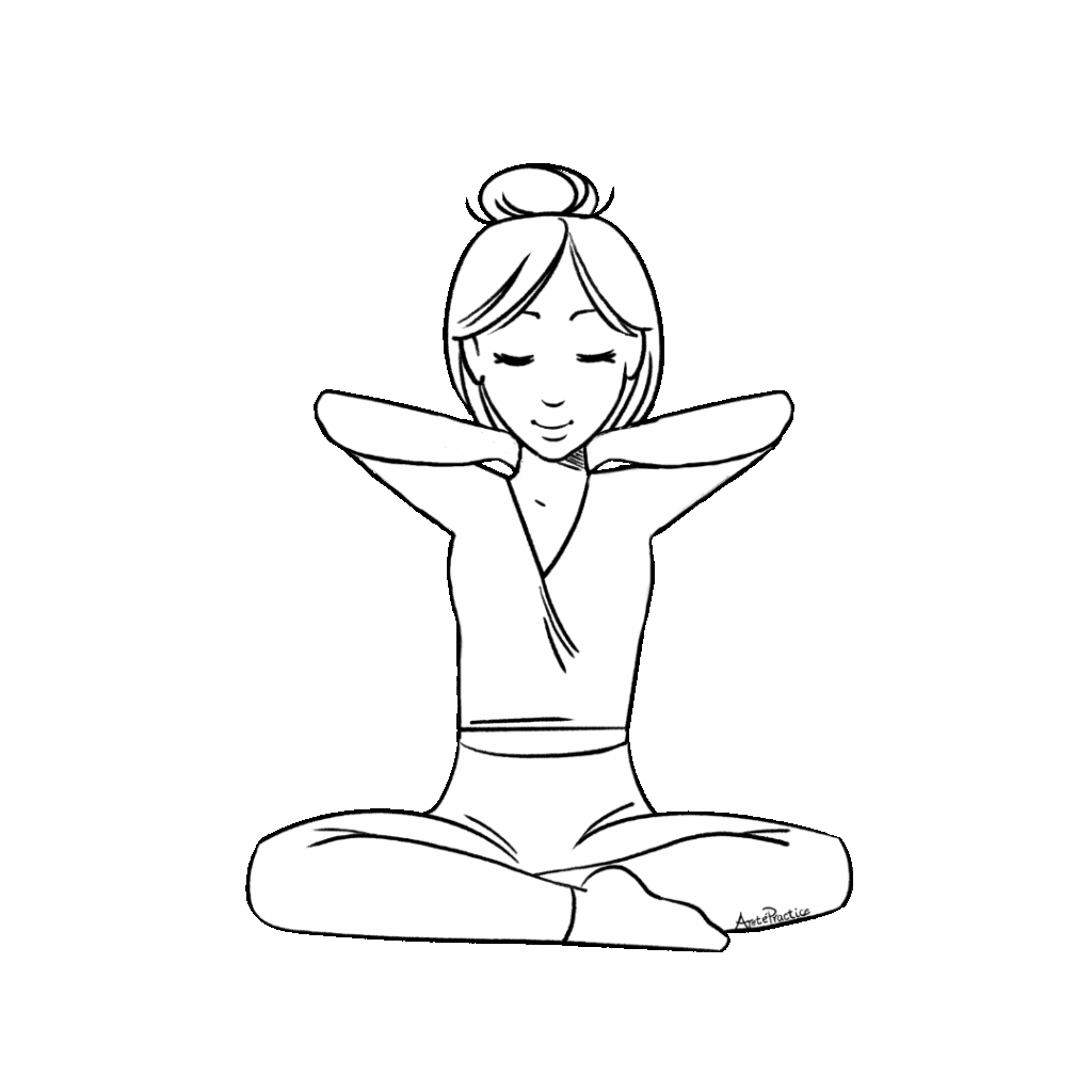 Illustration of Helen sitting in easy pose with hands behind neck