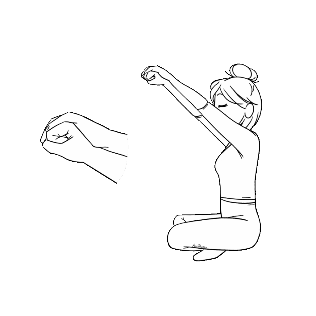 Ilustración de Helen sentada en pose fácil con las manos en puños