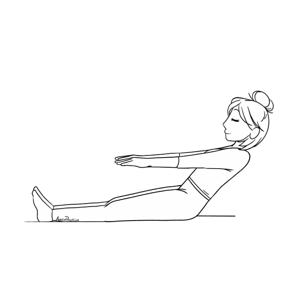 Illustration of Helen sitting with legs extended, arms parallel to ground leaning back