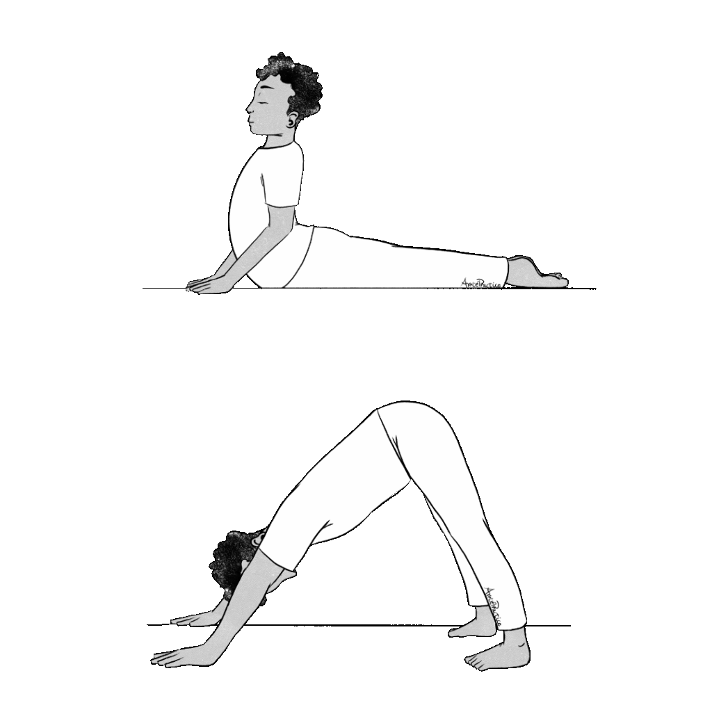 Ilustración de Jerry acostado haciendo la postura de la cobra y la postura del triángulo.