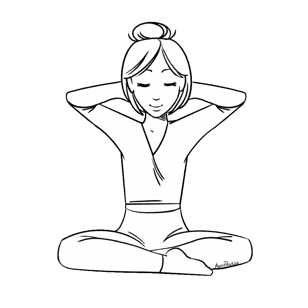 Illustration of Helen sitting in easy pose with hands behind head