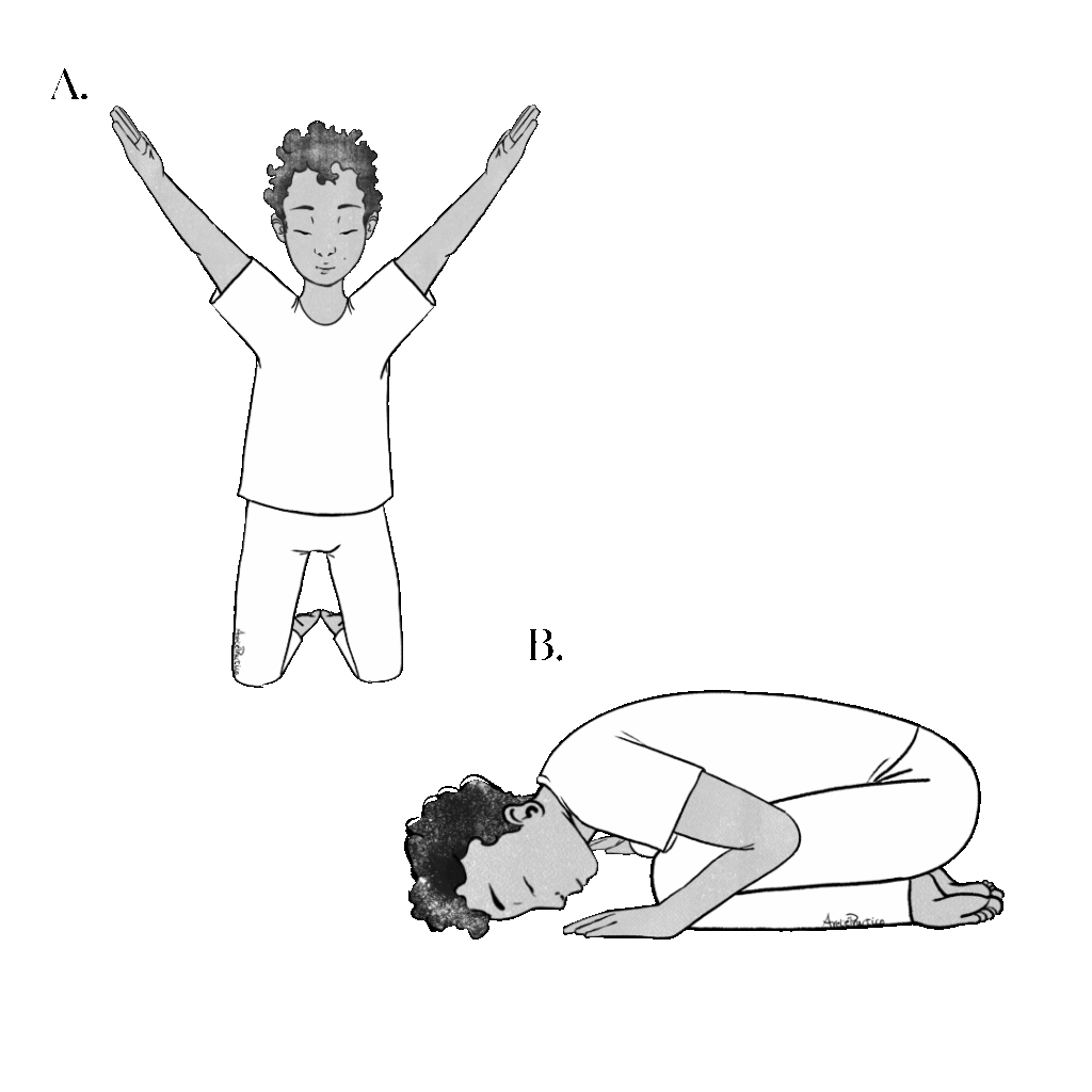 Illustration of Jerry sitting ding the On knees extended up - Hands in V facing each other. And doing the Baby Pose - hands by face - forehead on ground