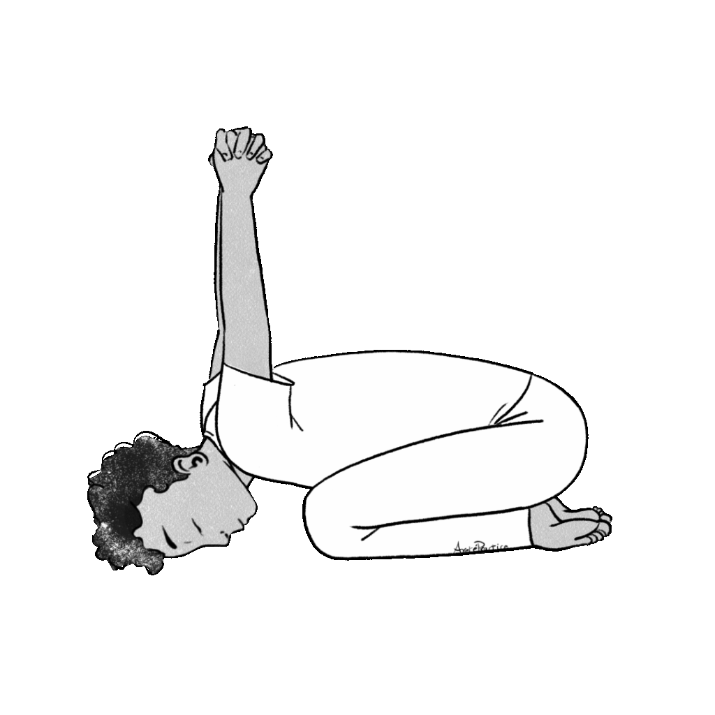 Ilustración de Jerry sentado haciendo el Yoga Mudra sobre las rodillas - Manos arriba