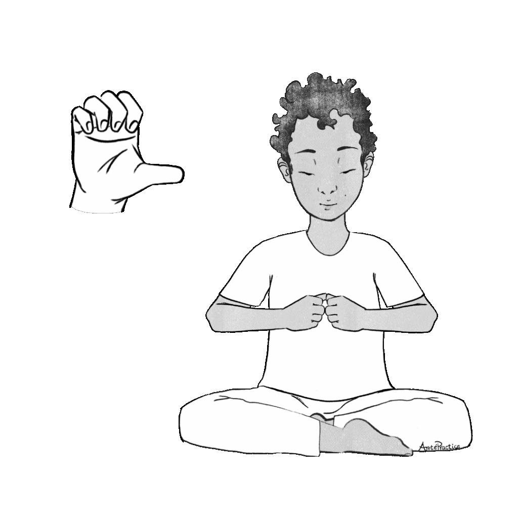 Illustration of Jerry sitting in Easy Pose (Sukhasana) with a straight spine, lifting the chest. Curl your fingers and rest the fingertips on the pads just below each finger.