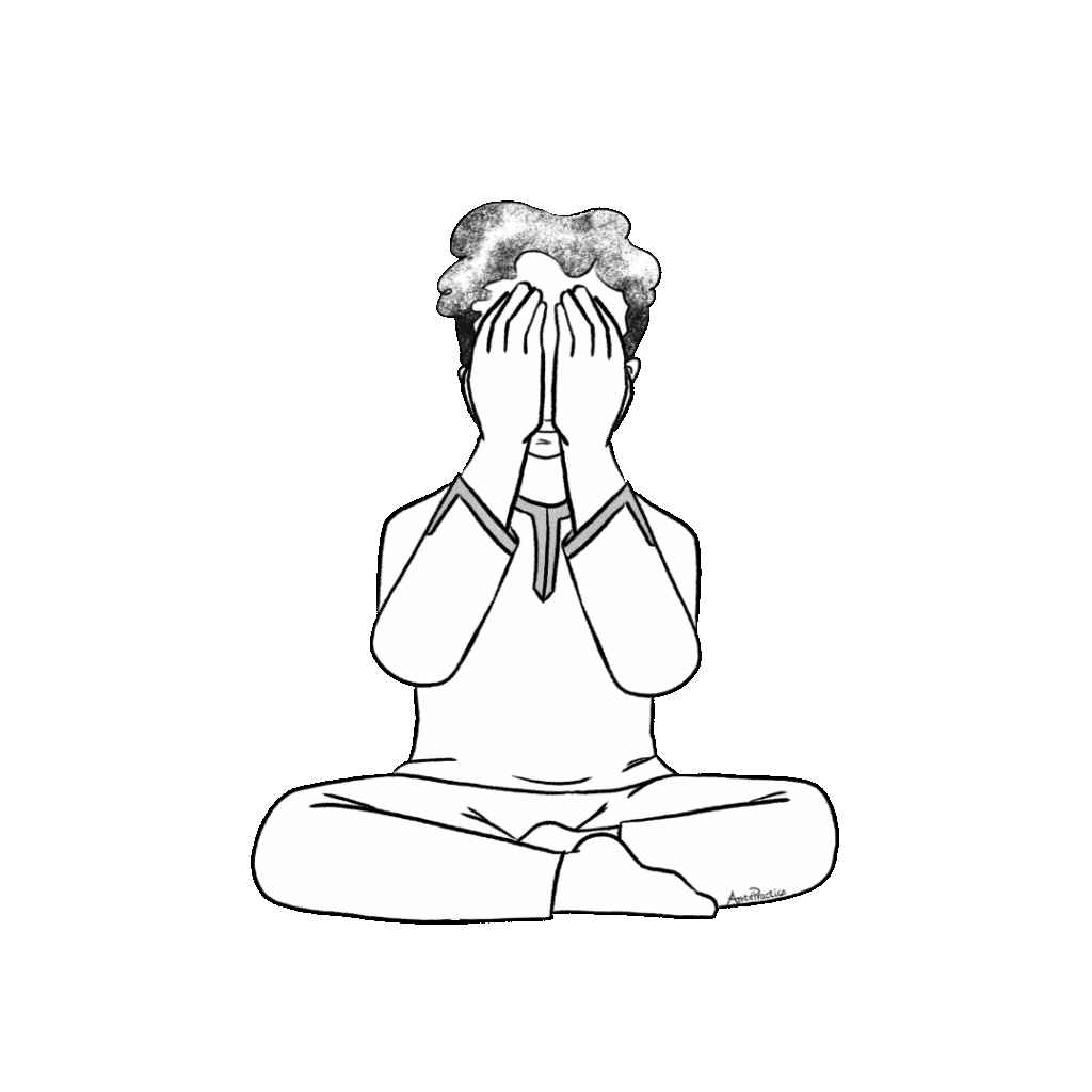 Ilustração de Kramer sentado em pose fácil com as mãos cobrindo os olhos.