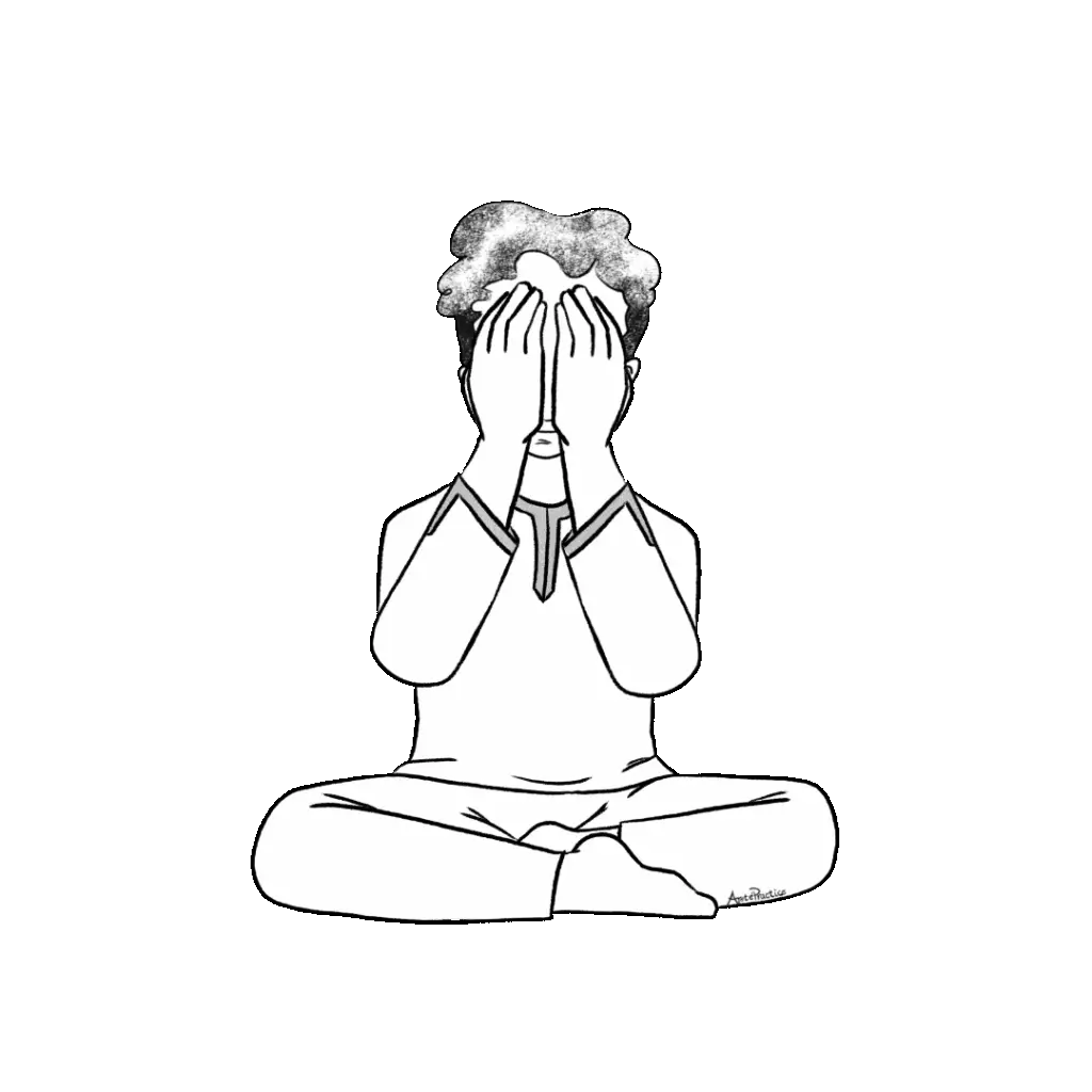 Illustration of Kramer sitting in easy pose with hands covering the eyes.