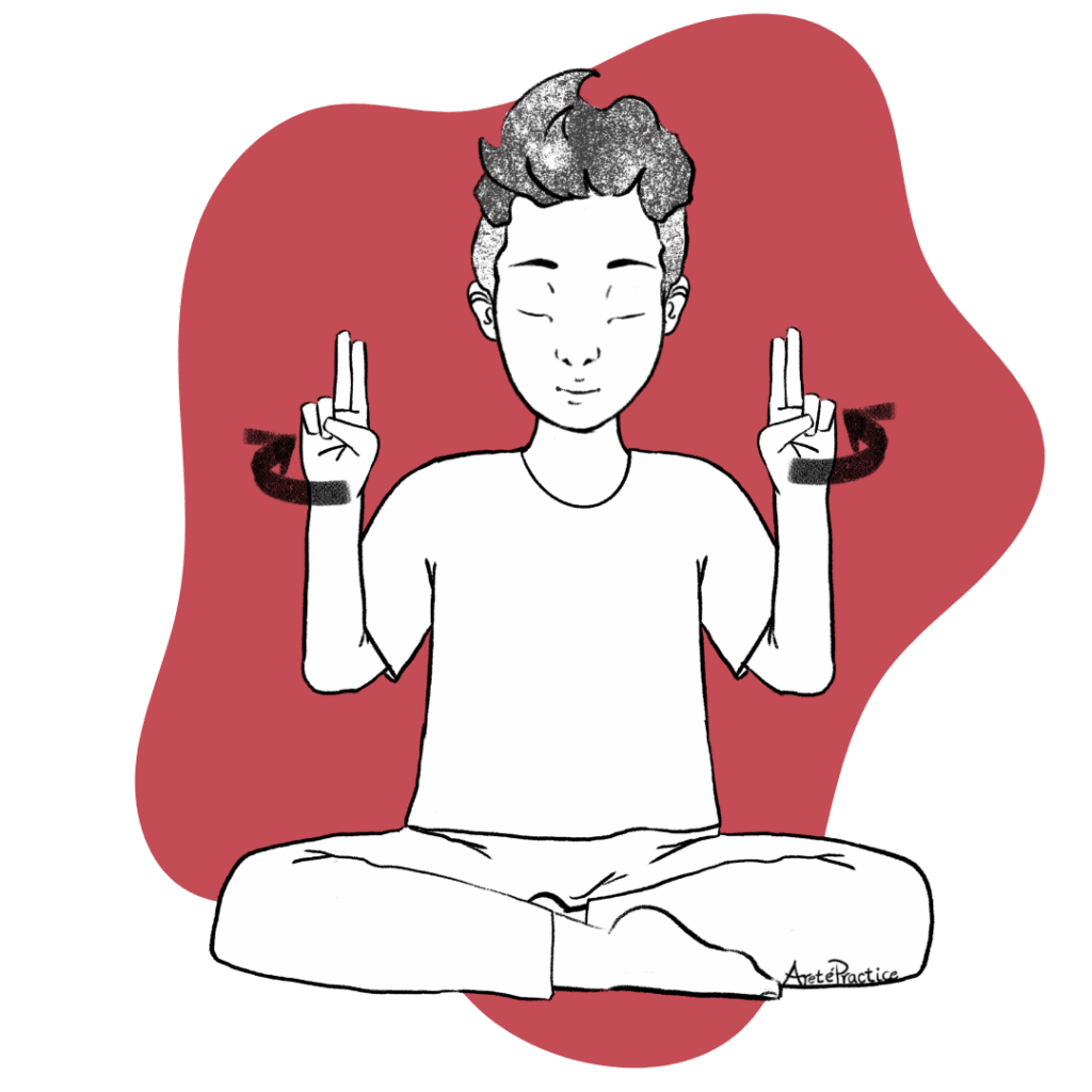 Illustration of George sitting in easy pose doing the Meditation for Elementary Adjustment of the Braina