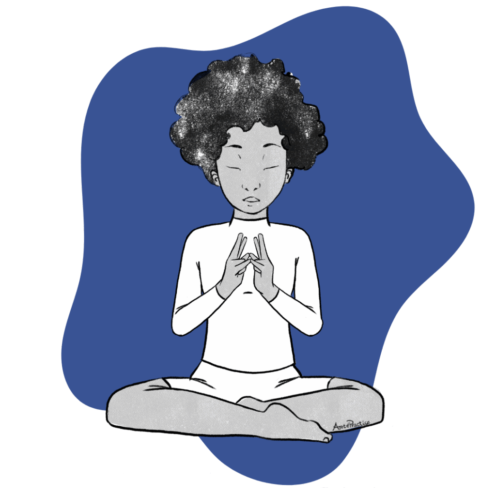 Illustration of Helen sitting in easy pose doing the Meditation to Solve Communication Problems Featured Image