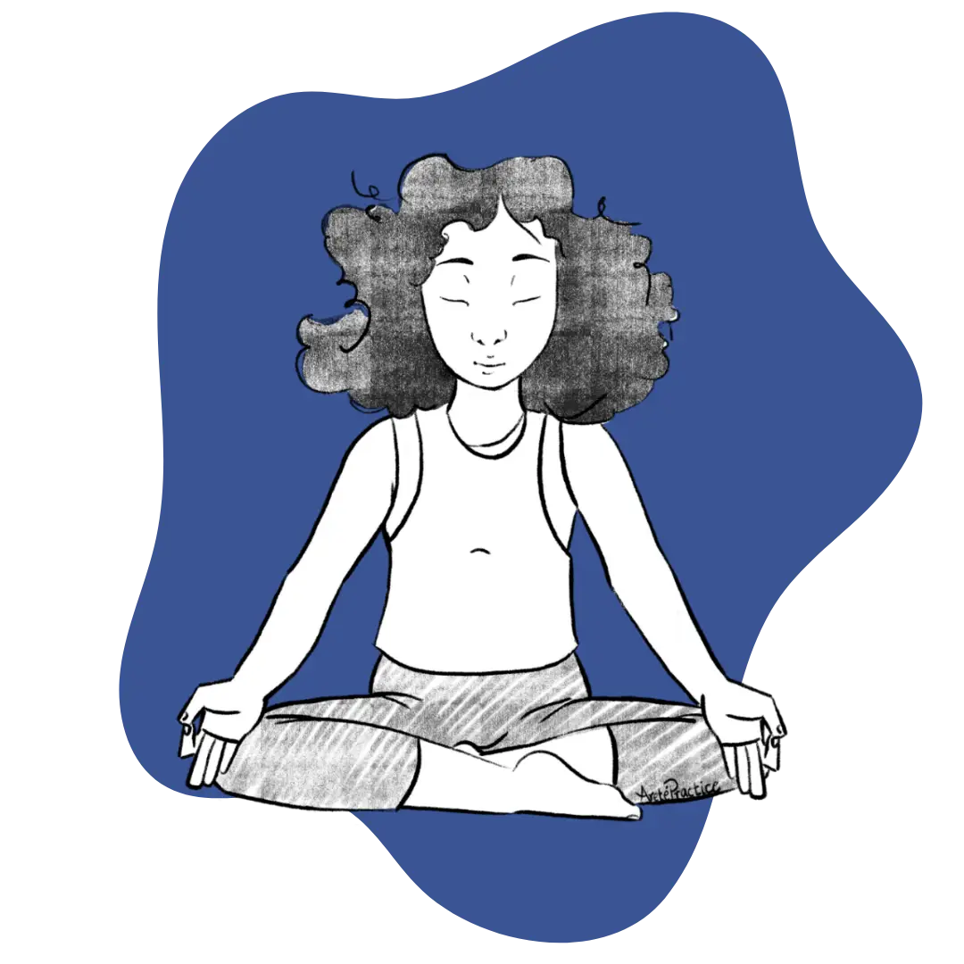 Illustration of Susan sitting in easy pose doing the Meditation to Think Before You Speak Featured Image