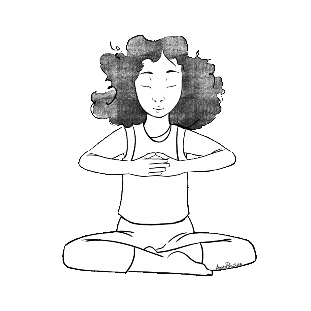 Ilustração de Susan sentada em pose fácil com (Sukhasana) com a coluna reta.