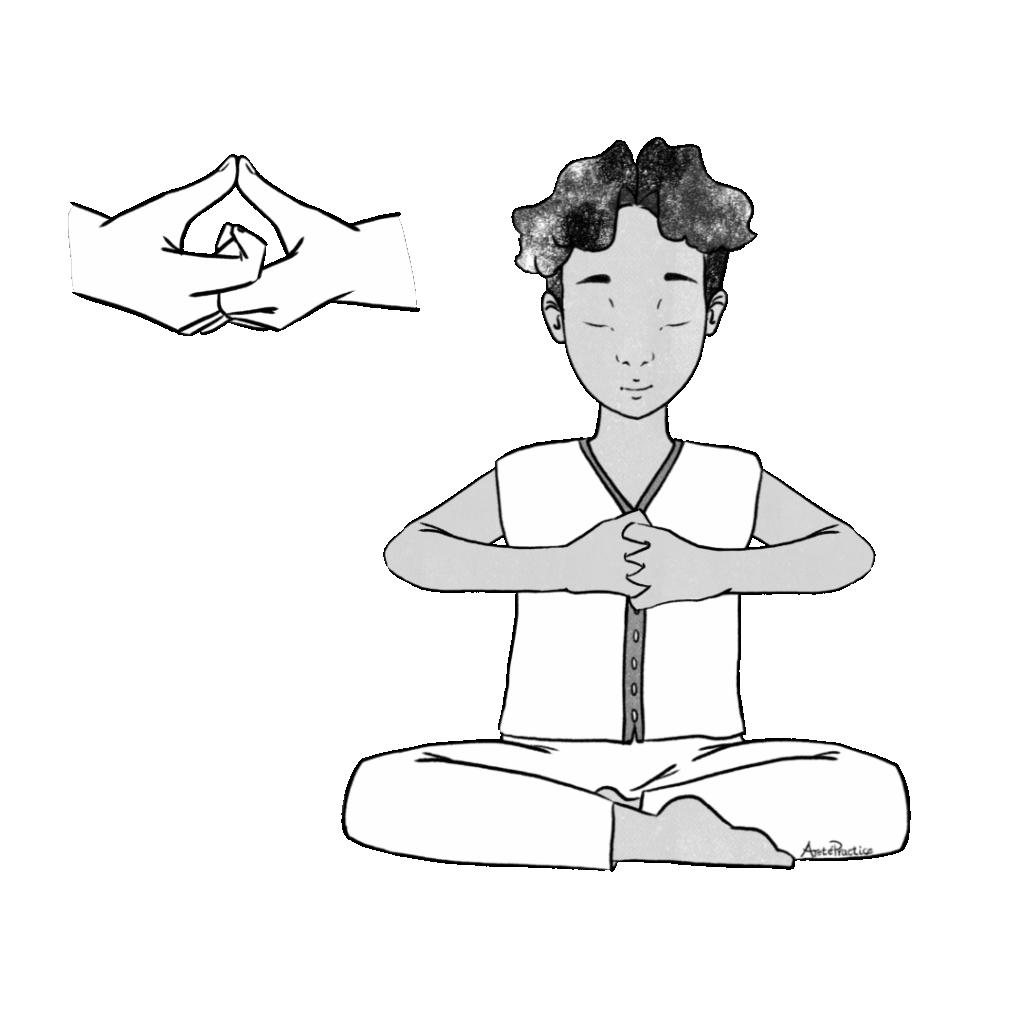 Ilustración de David sentado en pose fácil con las manos entrelazadas en el centro del corazón.