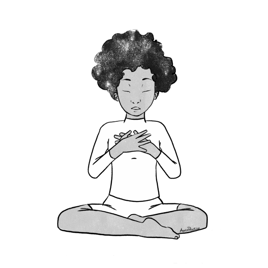 Ilustração de Elaine sentada em pose fácil com as mãos no centro do coração