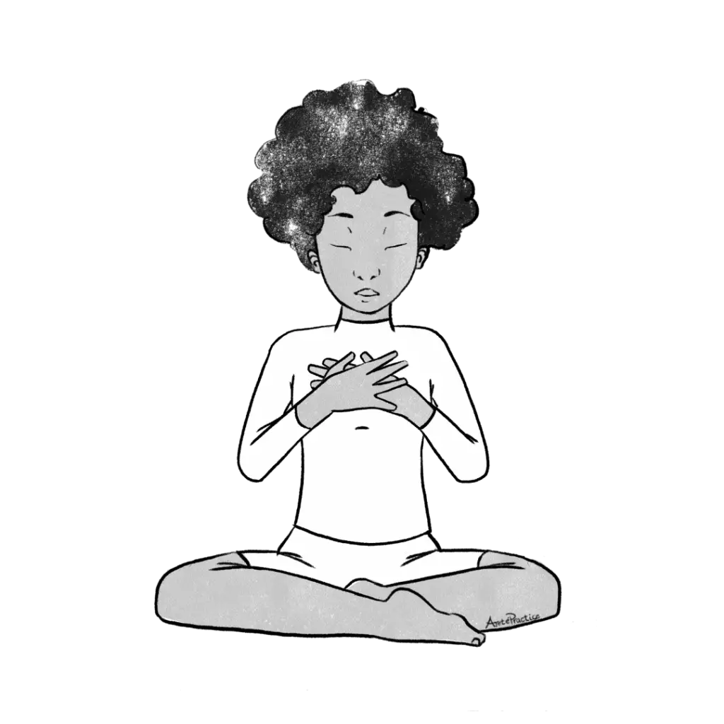 Illustration of Elaine sitting in easy pose with hands at heart center