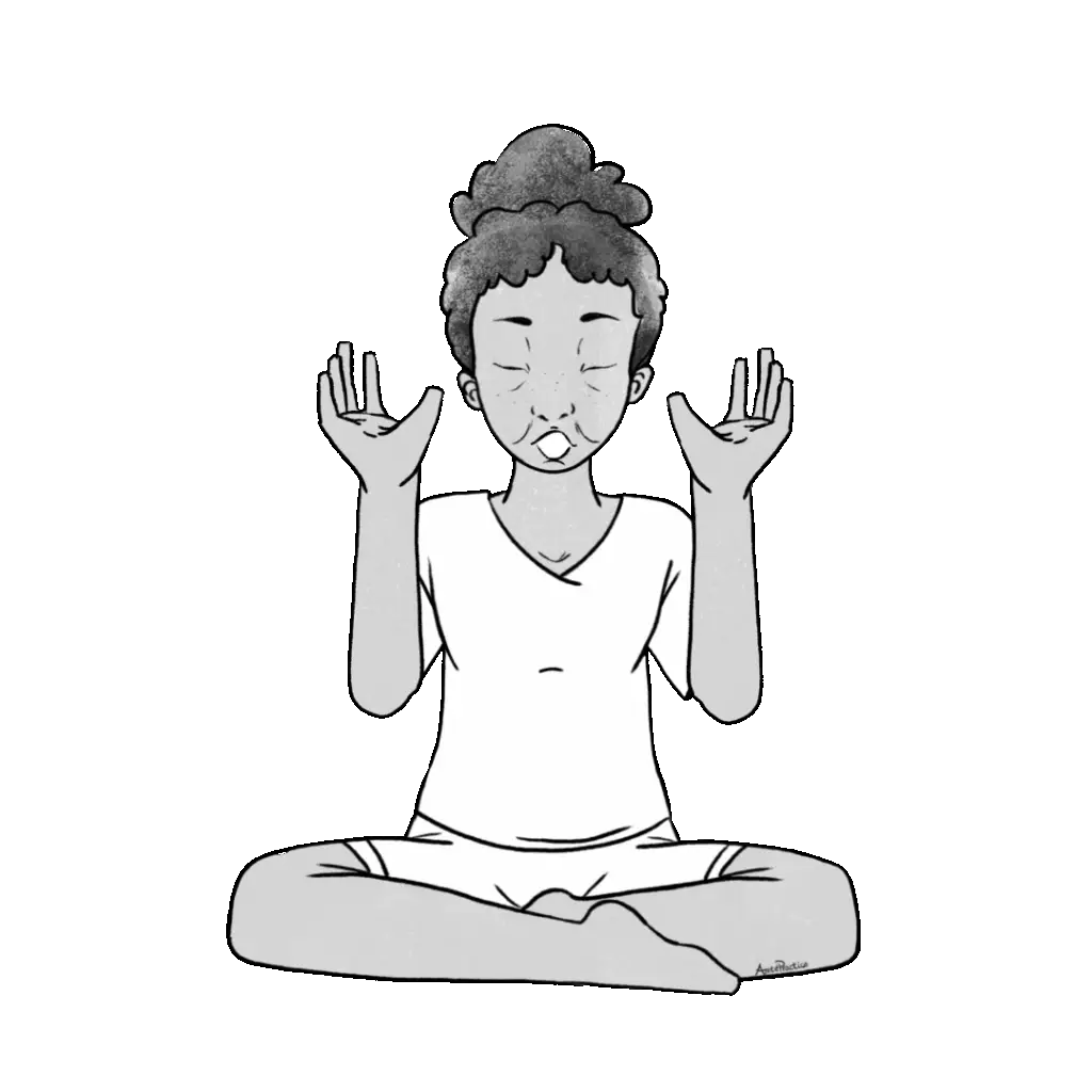 Illustration of Estelle sitting in easy pose with O mouth and hands cupped by her head