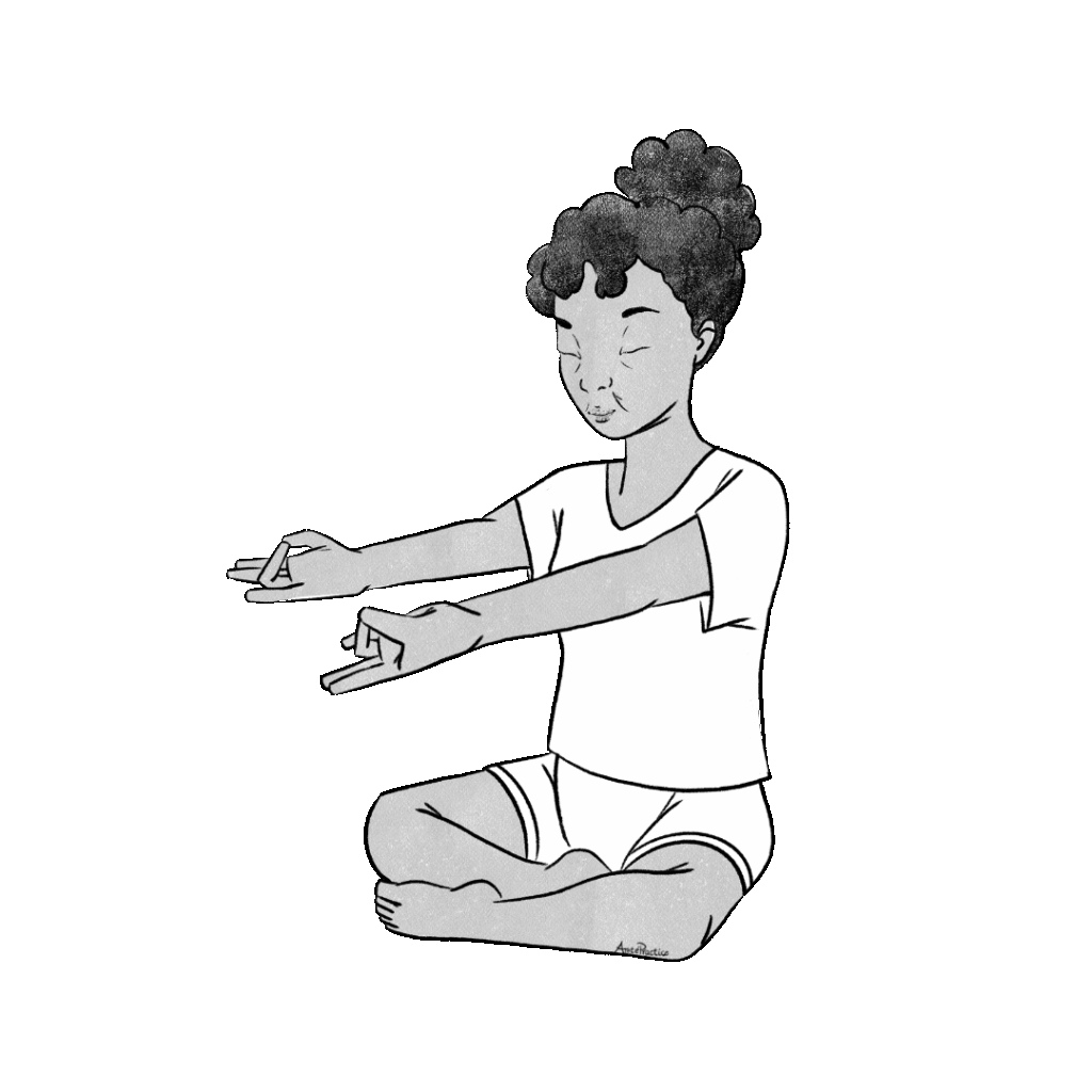 Illustration d'Estelle assise dans une pose décontractée, les bras étendus parallèlement au sol, avec mudra
