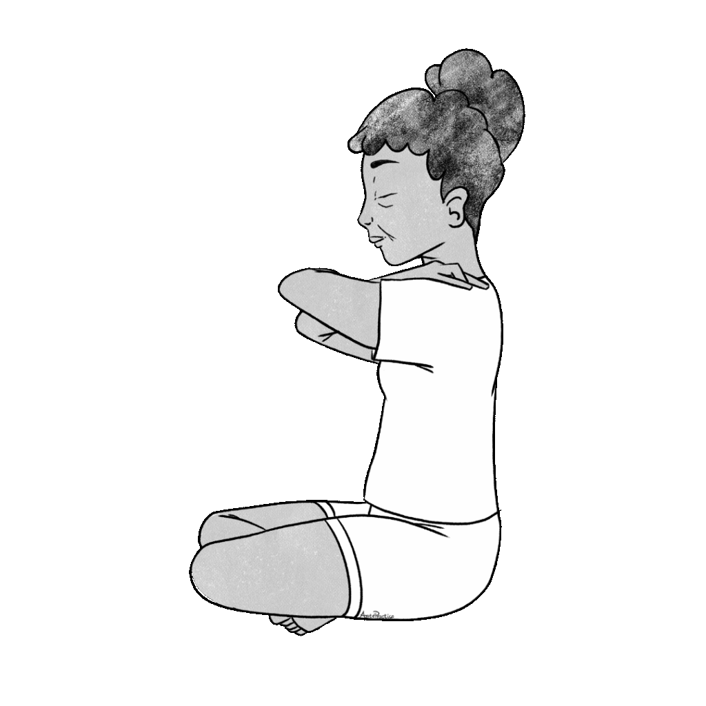 Ilustración de Estelle sentada en pose fácil con las manos sobre los hombros abrazándose a sí misma.