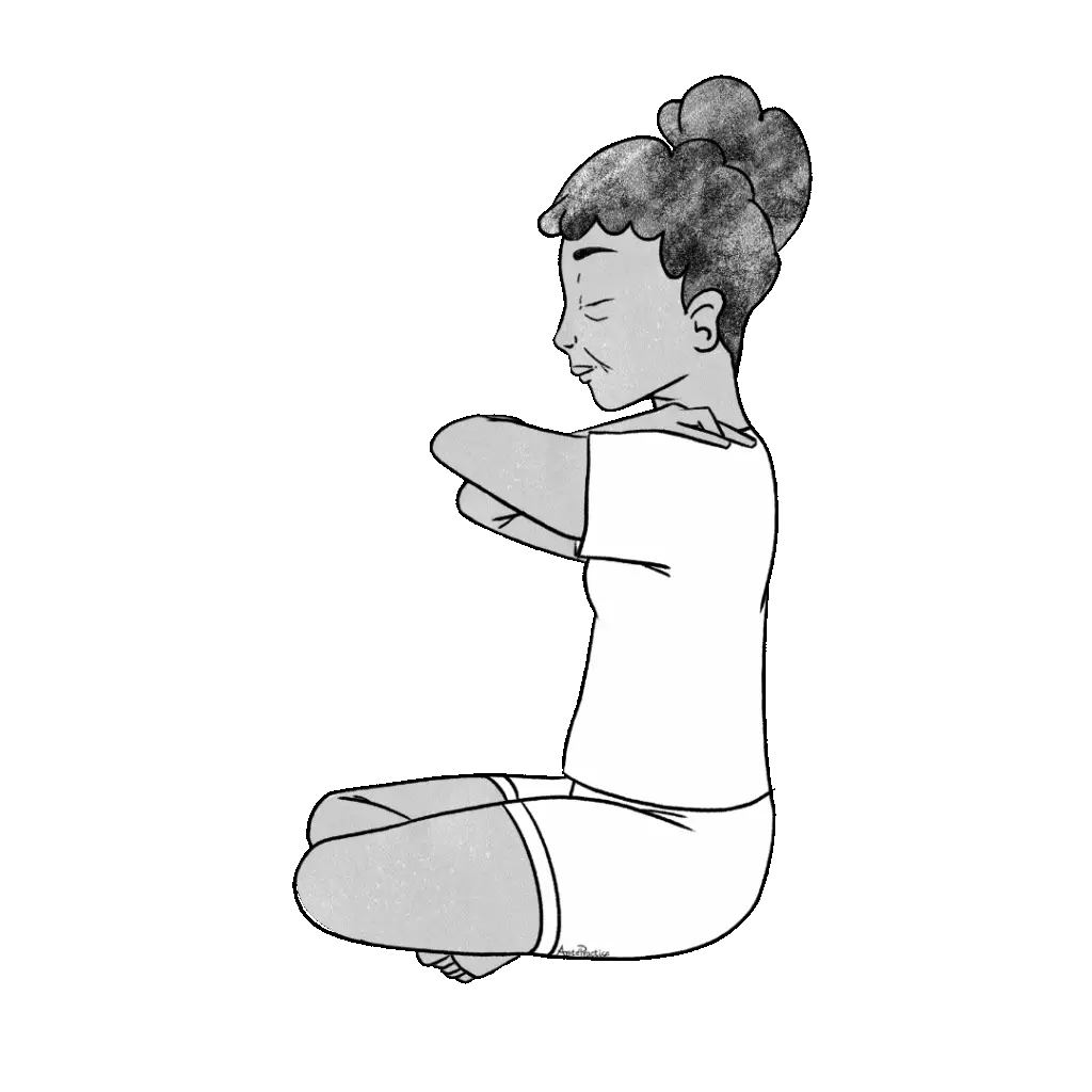 Illustration d'Estelle assise dans une pose décontractée, les mains sur les épaules, se serrant contre elle-même.