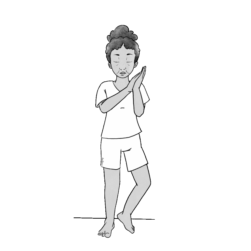 Ilustración de Estelle de pie haciendo la Meditación del Equilibrio de los Chakras - Postura