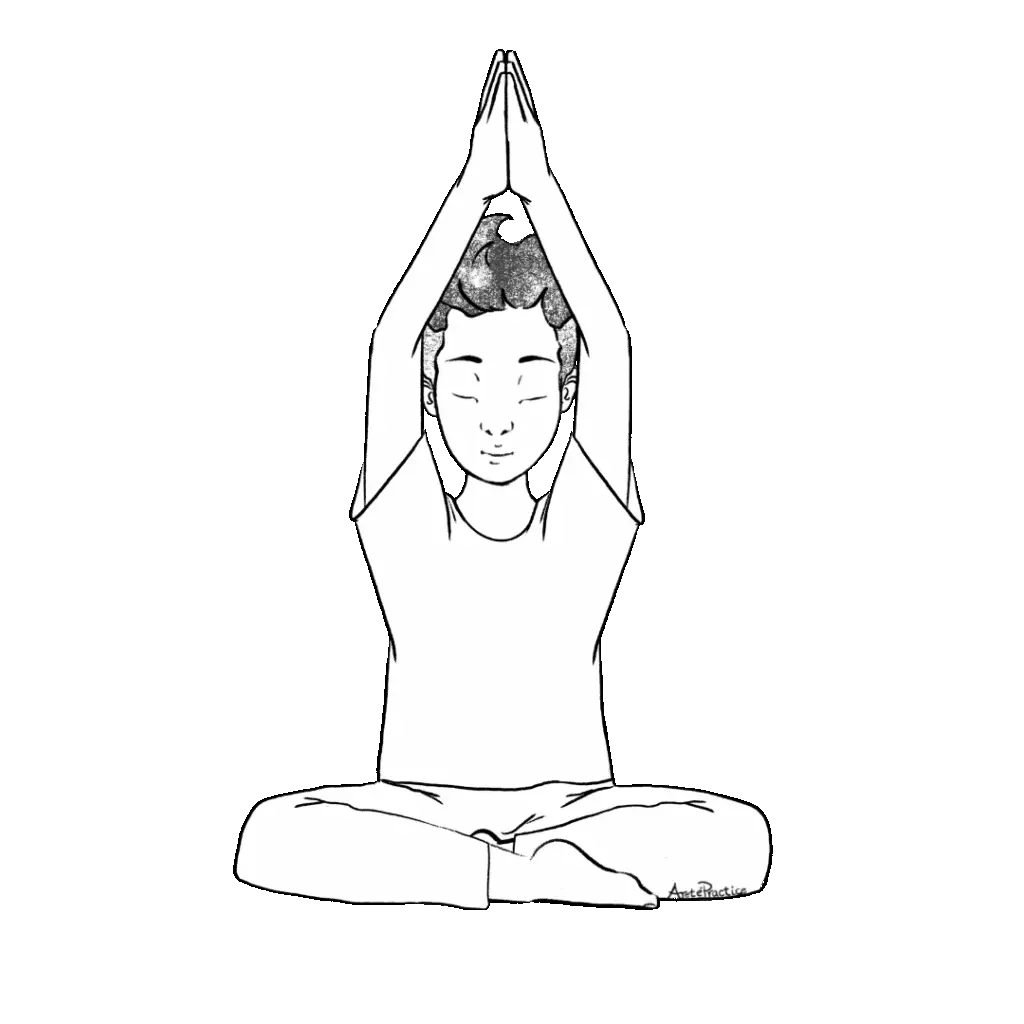 Illustration of George sitting in easy pose doing Clapping hands overhead or hands in prayer pose