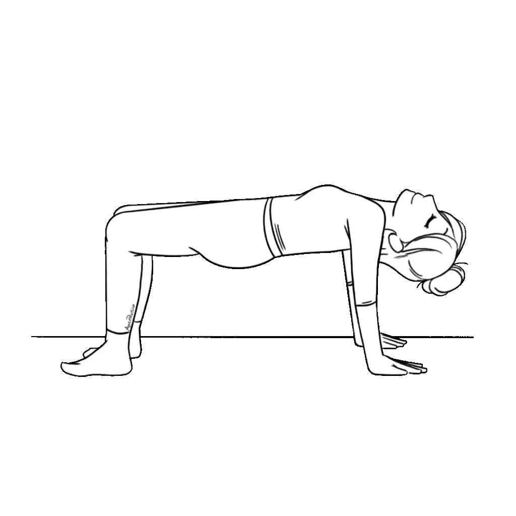 Illustration of Helen doing bridge pose with head leaning back
