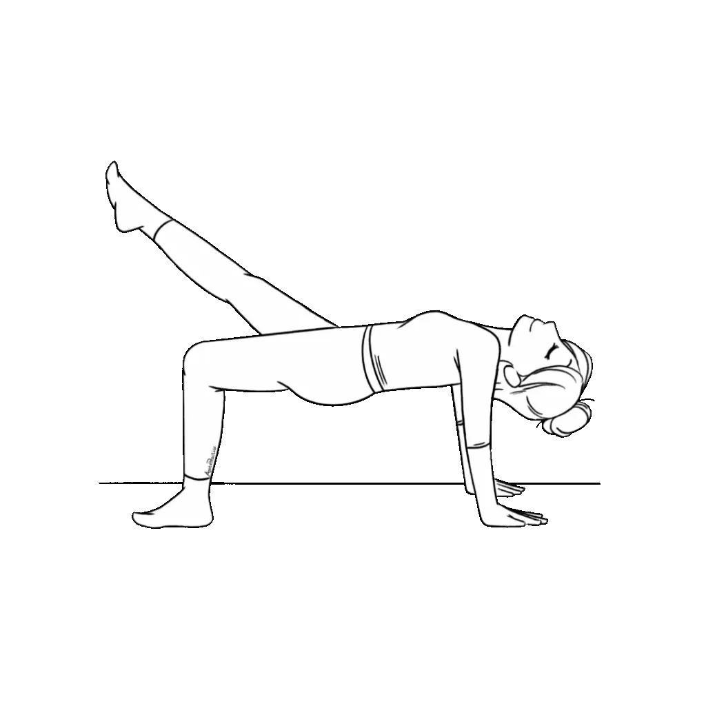 Illustration of Helen doing bridge pose with head leaning back and leg extended