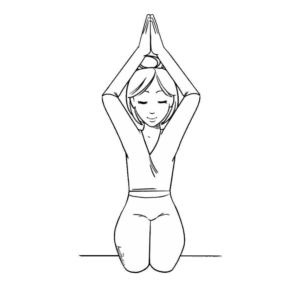 Illustration of Helen sitting in rock pose with hands together bent