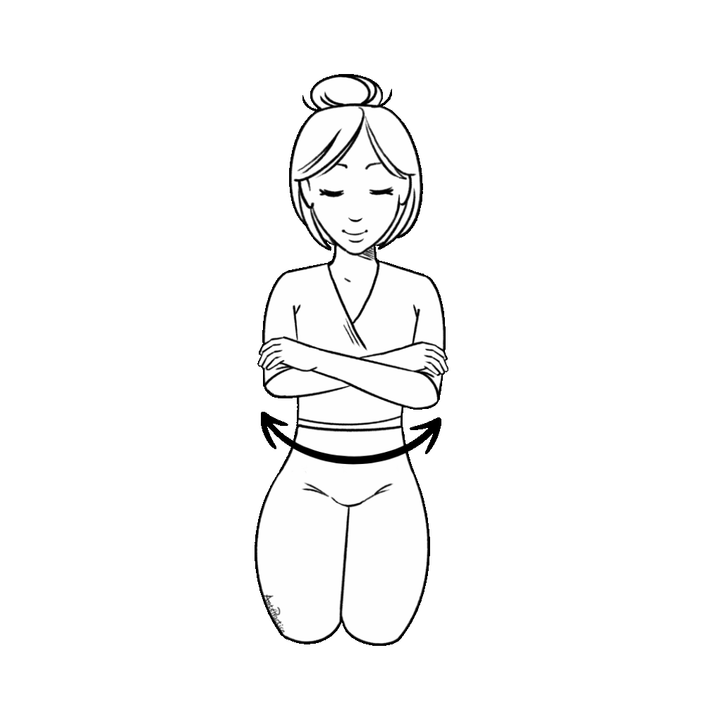 Ilustração de Helen sentada na pose da rocha e abraçando os braços em flexões laterais