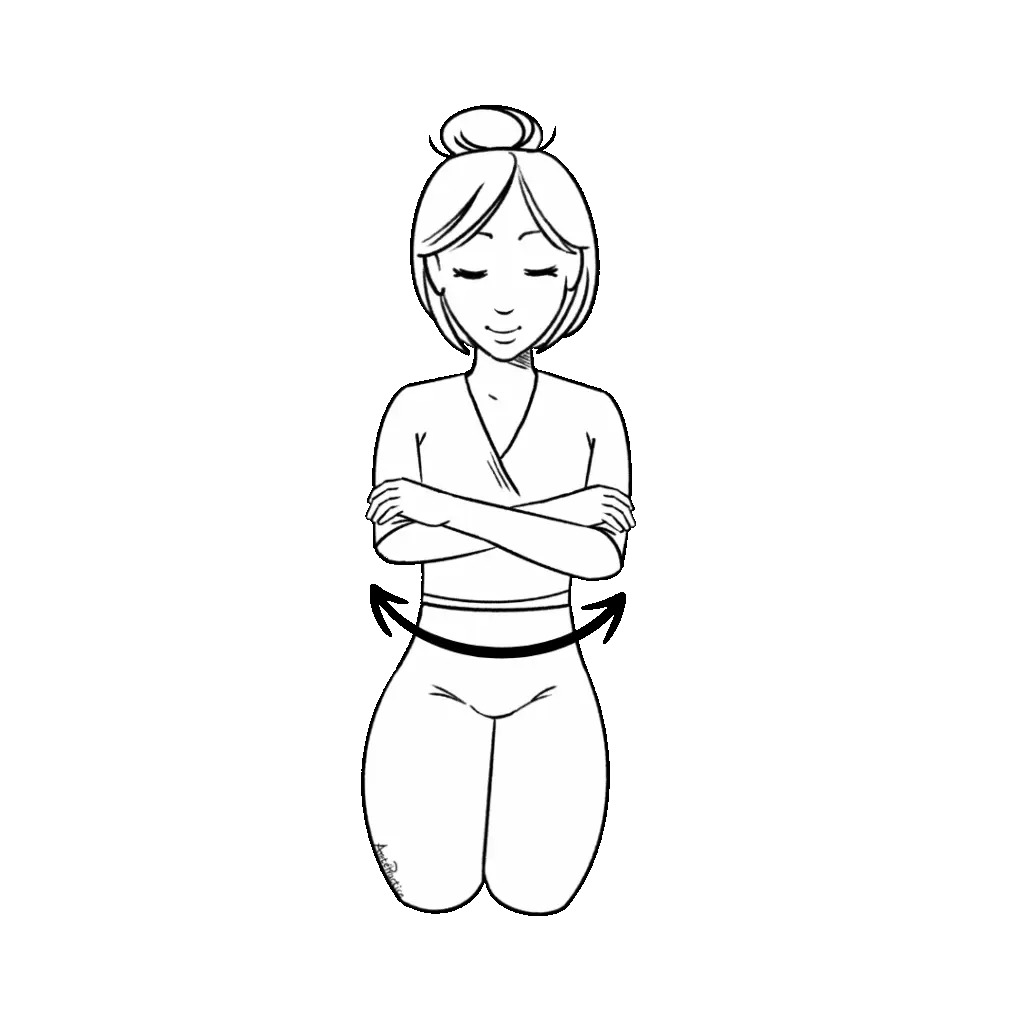 Illustration of Helen sitting in rock pose and hugging arms in side bends