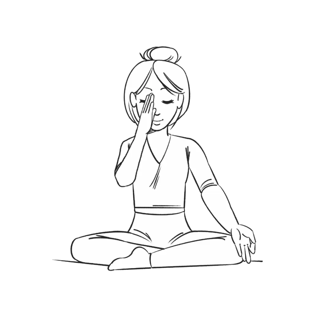 Illustration of Helen sitting in easy pose with right hand covering nostril and left hand on knee