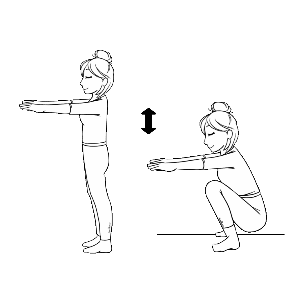 Ilustração de Helen fazendo agachamentos com as mãos paralelas ao chão.