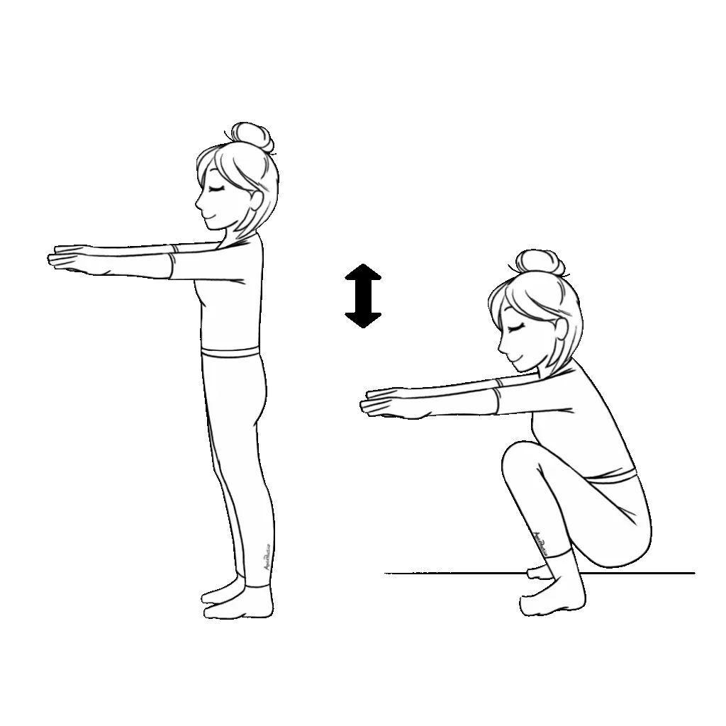 Illustration of Helen doing squats with hands parallel to the floor.
