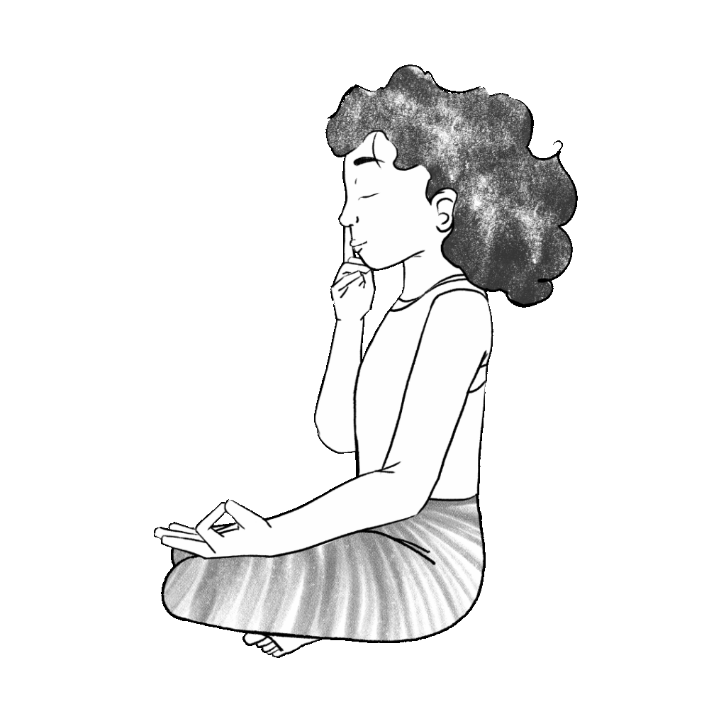 Ilustración de Susan sentada en pose fácil hacia la derecha con el dedo índice cubriendo la fosa nasal derecha