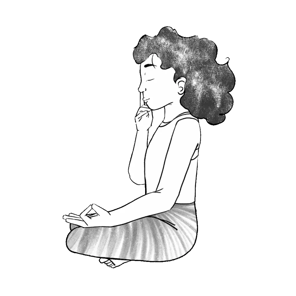 Illustration of Susan sitting in easy pose right with index finger covering right nostril